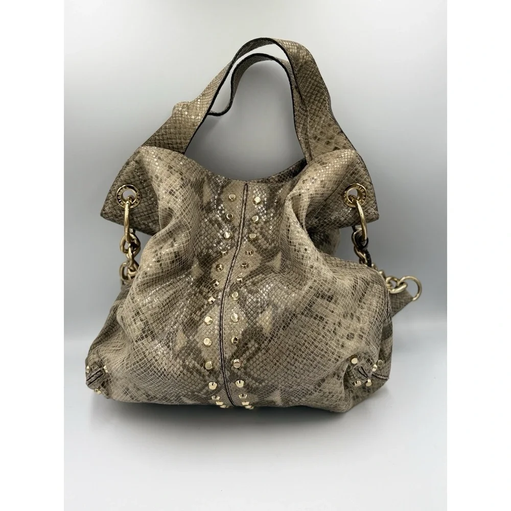 Michael Kors Snake Skin Gold Studded Large Hobo Shoulder Bag Crossbody Strap